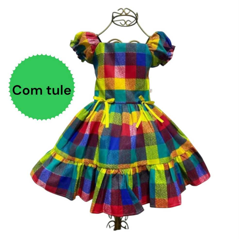 Vestido Festa Junina Xadrez São João com Tule.