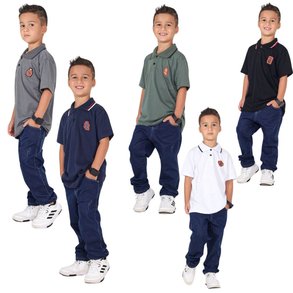 kit 5 Camisa Camiseta Infantil Masculino Gola Polo Manga Curta Malha Algodão Fio 30 Casual Lisa Basica