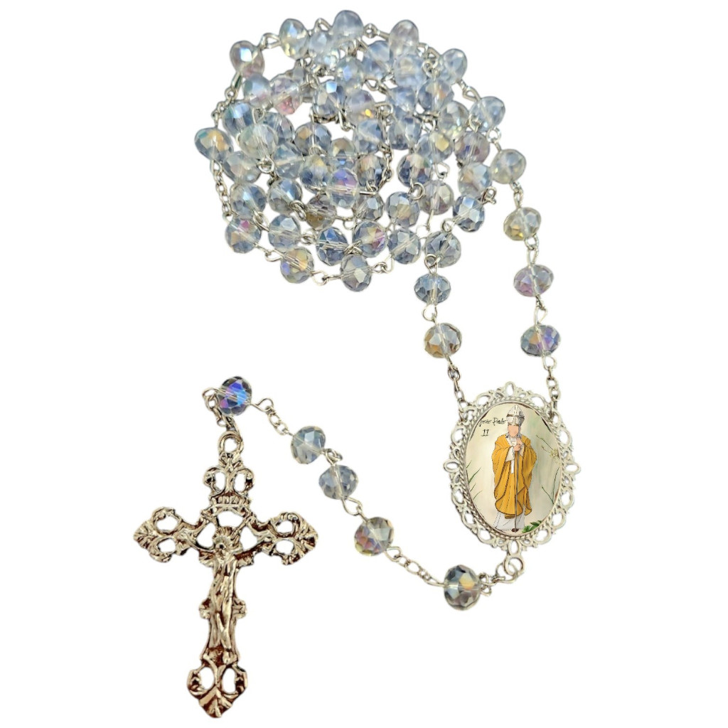 Terço Cristal santo papa joao paulo II cores cristal rosario religioso padre liberio pio são josé operario pedro tiago