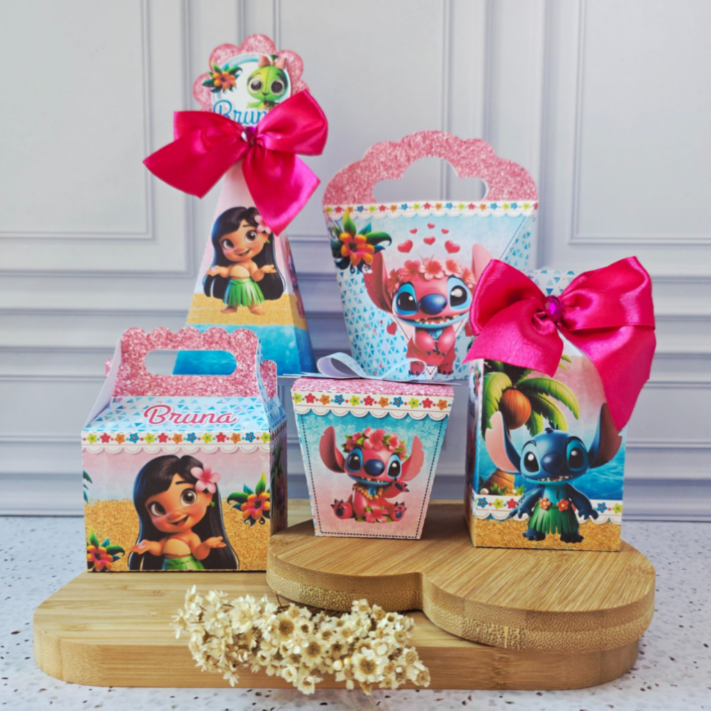 Kit Festa Aniversário Stitch Caixinhas  Personalizadas Lembrancinhas para Festas Aniversário ( PEGUE E MONTE COM LAÇOS )