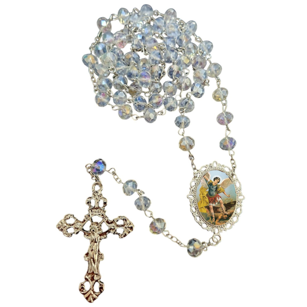 Terço Cristal São Miguel Arcanjo cor cristal transparente rosario religioso rafel gabriel uriel arcanjos