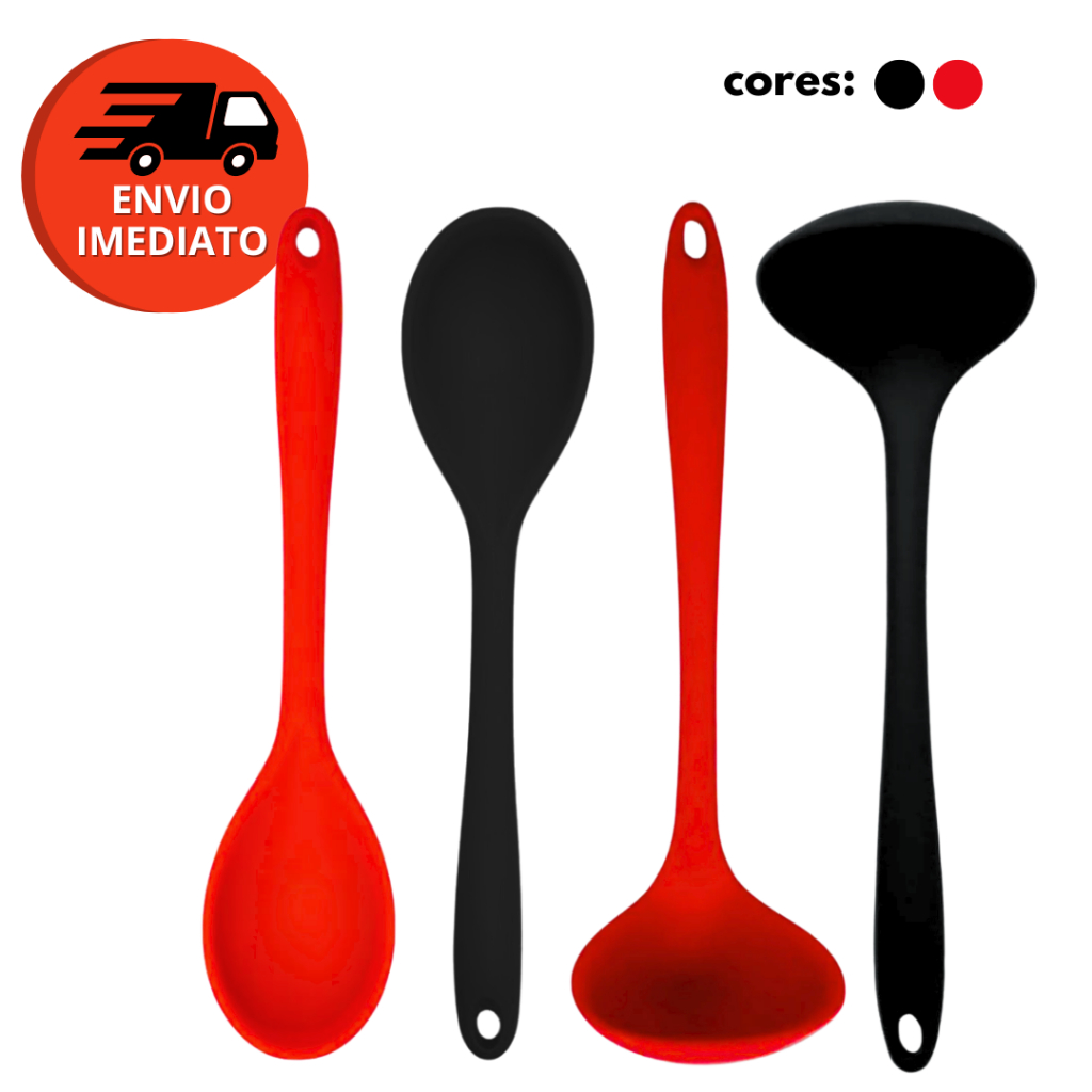 Kit 04 Pç: Colher Arroz E Concha Feijão Caldos Em Silicone Maciço Para Panelas Teflon Ceramico