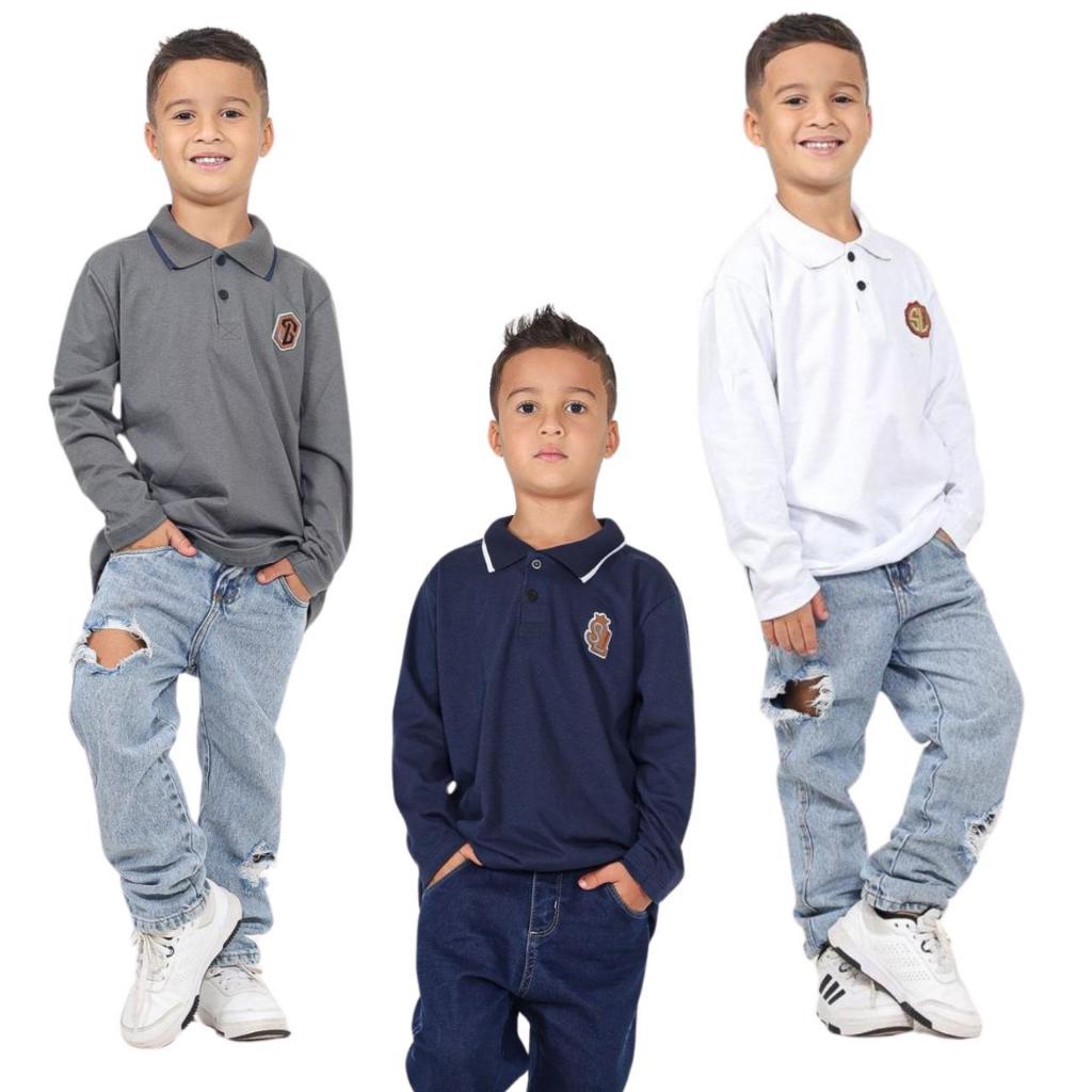 KIT 3 Camisa Camiseta Infantil Masculino Gola Polo Manga Longa Malha Algodão Casual Lisa Basica