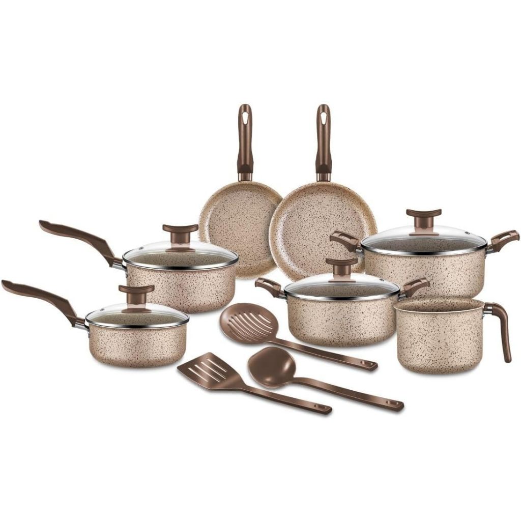 Jogo de Panelas 10 Peças Antiaderente Tampa De Vidro Conjunto Vanilla Bianco Teflon Durável