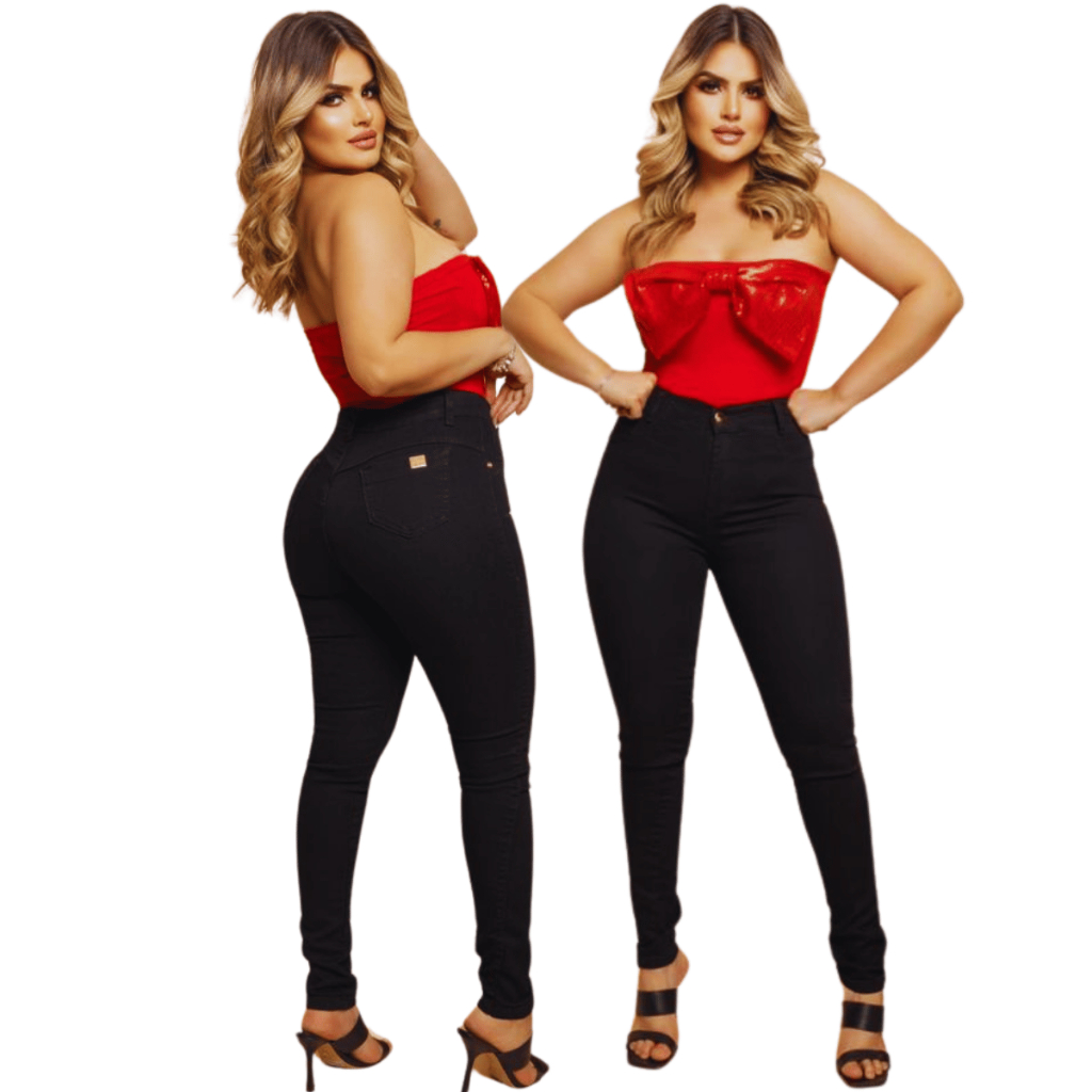 Calça Jeans Feminina Preta Com Lycra Elastano Cintura Alta Empina Bumbum Promoção Moda Premium