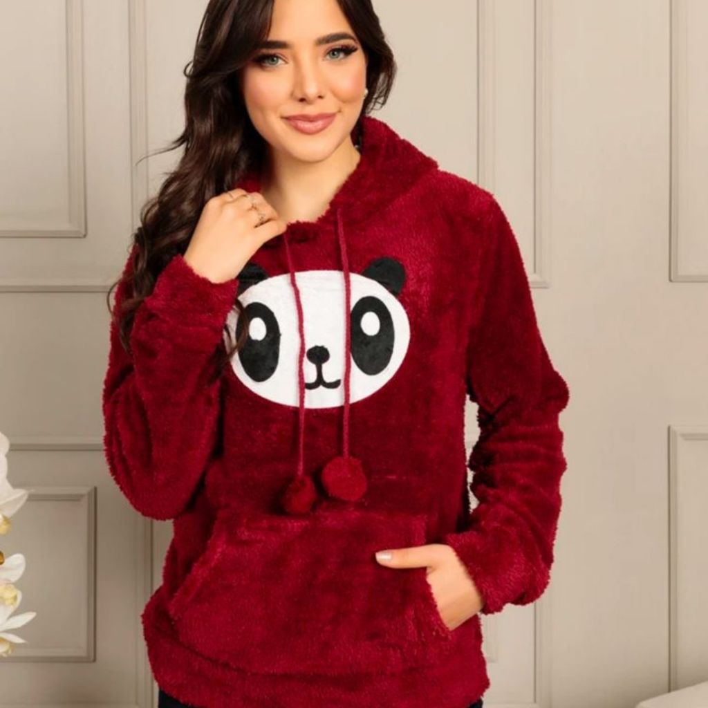 Casaco de moletom de pelinho estampa pandinha blusa inverno feminino capuz promoção em Oferta na Shopee