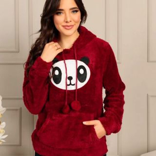 Casaco de moletom de pelinho estampa pandinha blusa inverno feminino capuz promoção em Oferta na Shopee