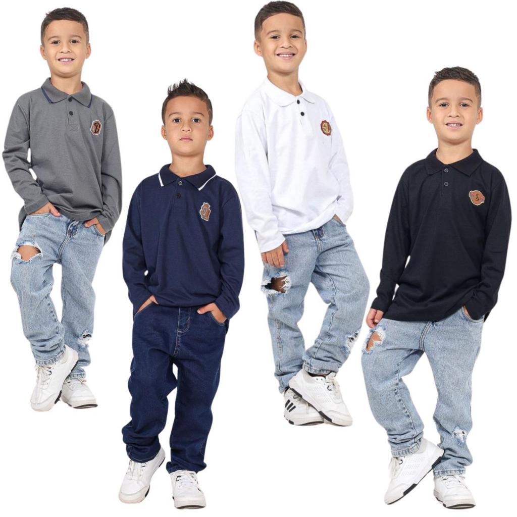 KIT 4 Camisa Camiseta Infantil Masculino Gola Polo Manga Longa Malha Algodão Casual Lisa Basica