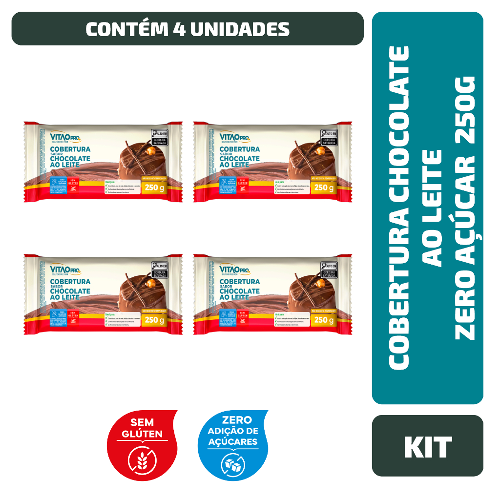 Kit Cobertura Sabor Chocolate Ao Leite Zero Açúcar Vitaopro 250G - 4 Unidades - Food & Beverages
