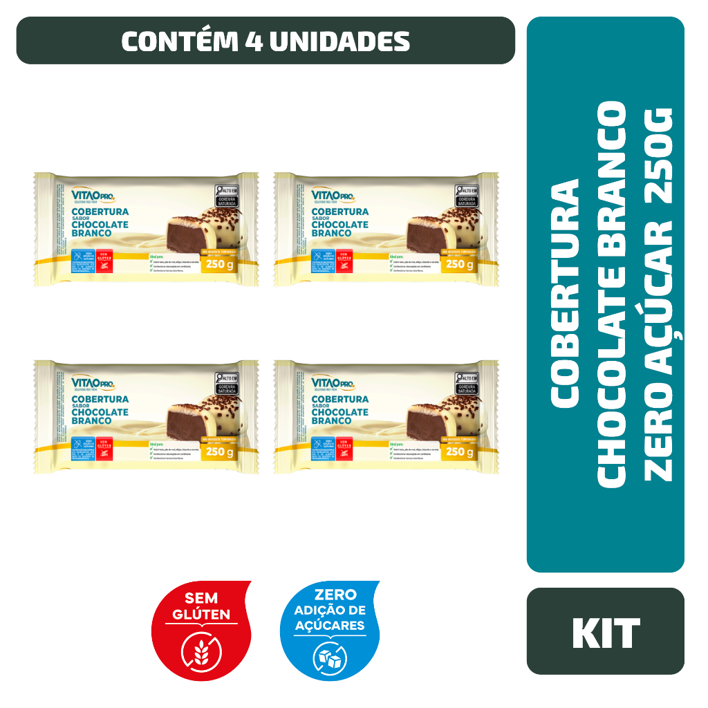 Kit Cobertura Sabor Chocolate Branco Zero Açúcar Vitaopro 250G - 4 Unidades - Food & Beverages
