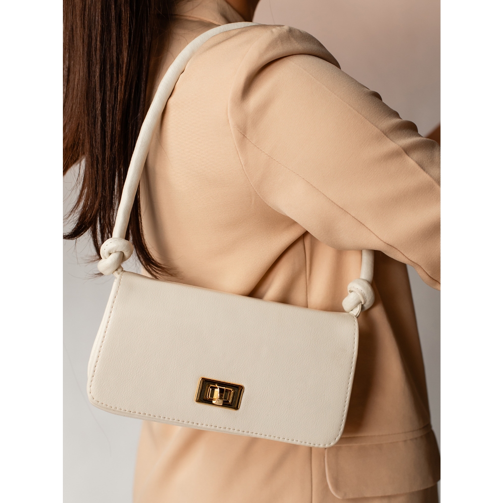 Bolsa Feminina Pequena Transversal Lateral Alça Nó Fecho Giratório Baguete