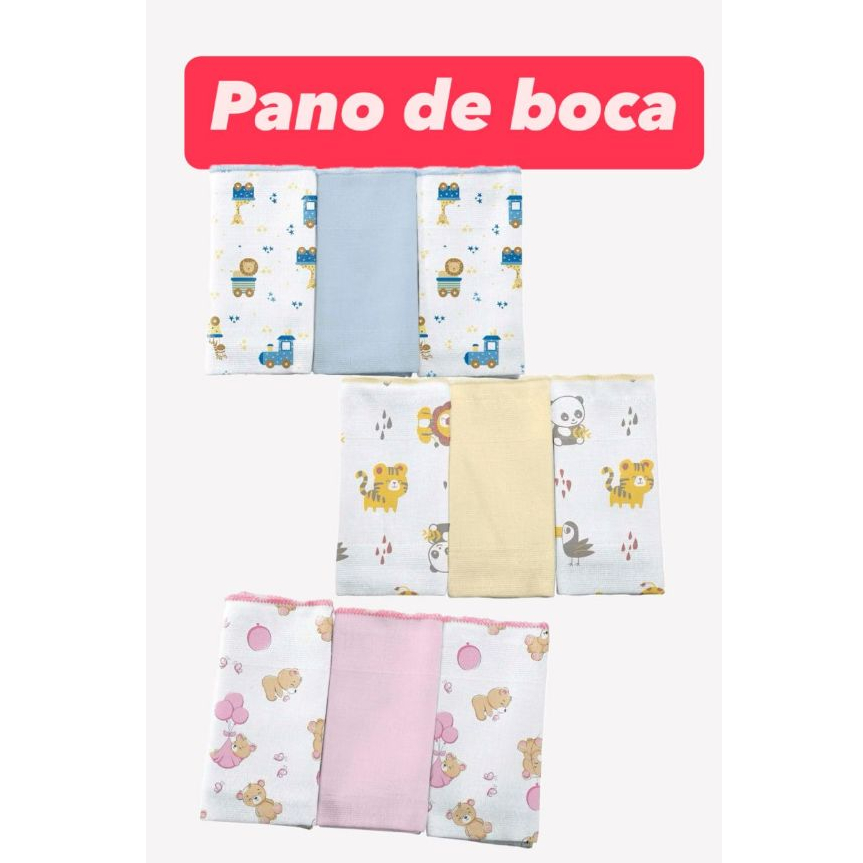 Pano de Boca Babete Fralda de Boca 100% algodão 3 unidades Enxoval Bebê Menino Menina BERCINHO