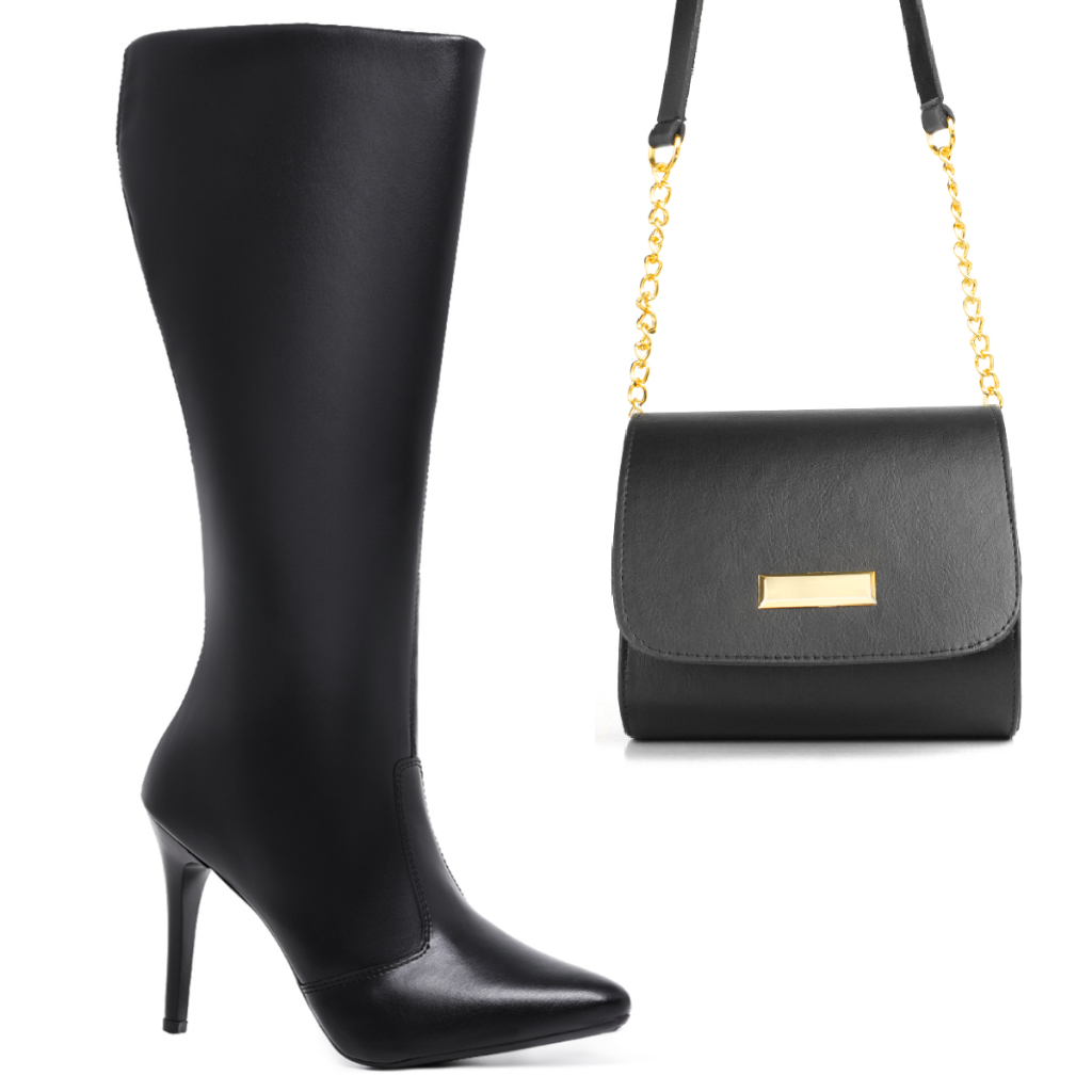 Kit Bota Feminina Cano Longo Salto Alto Elegante + Bolsa Chic PROMOÇÃO