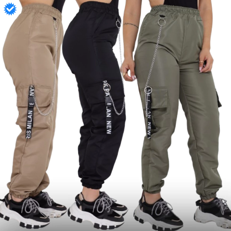 Calça Cargo Jogger Feminina Com Bolso Laterais com Corrente — imagem 1
