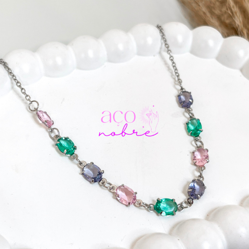 Choker Gemas Cristais Aço inox Não Escurece Nunca Colar De Cristal em Oferta na Shopee