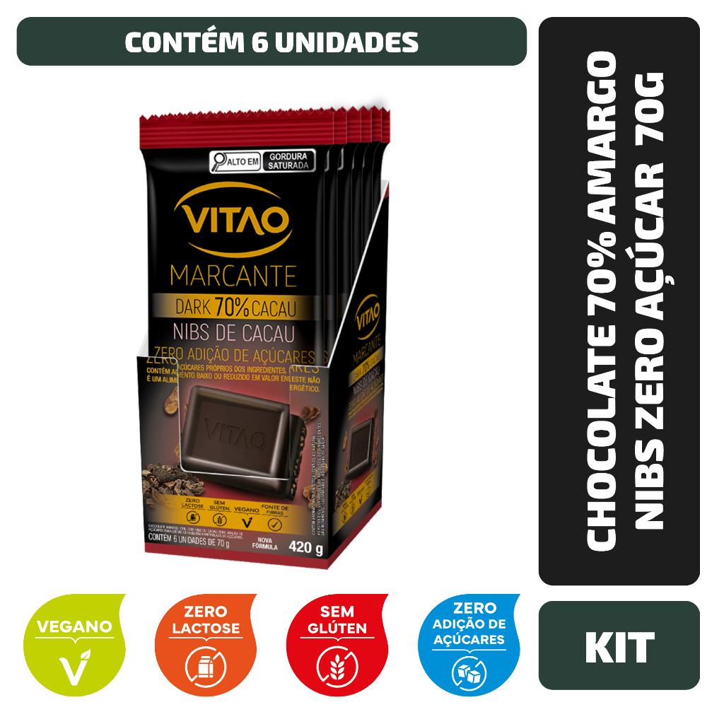 Kit Chocolate 70% Amargo Nibs Zero Açúcar Marcante 70G - 6 Unidades - Food & Beverages
