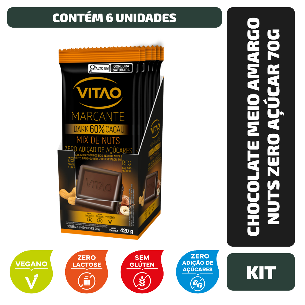 Kit Chocolate Meio Amargo Nuts Zero Açúcar Marcante 70G - 6 Unidades - Food & Beverages