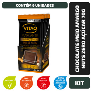 Kit 6 Un. Chocolate Meio Amargo Nuts Zero Açúcar Marcante 70G em Oferta na Shopee