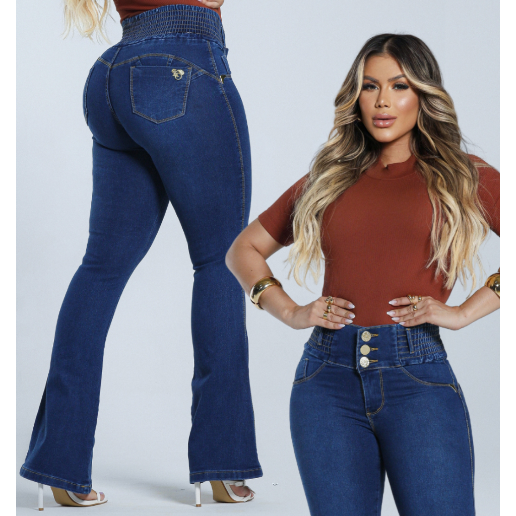 Calça feminina jeans premium modeladora lipo com lycra cintura alta empina bumbum flare boca de sino