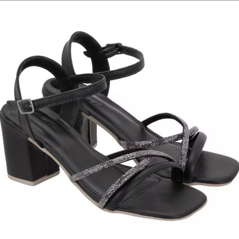Sandália Feminina Preta Salto Bloco Médio Tiras Strass Brilho Elegante Festa Confortável Moderna Casual Moda Feminina em Oferta na Shopee