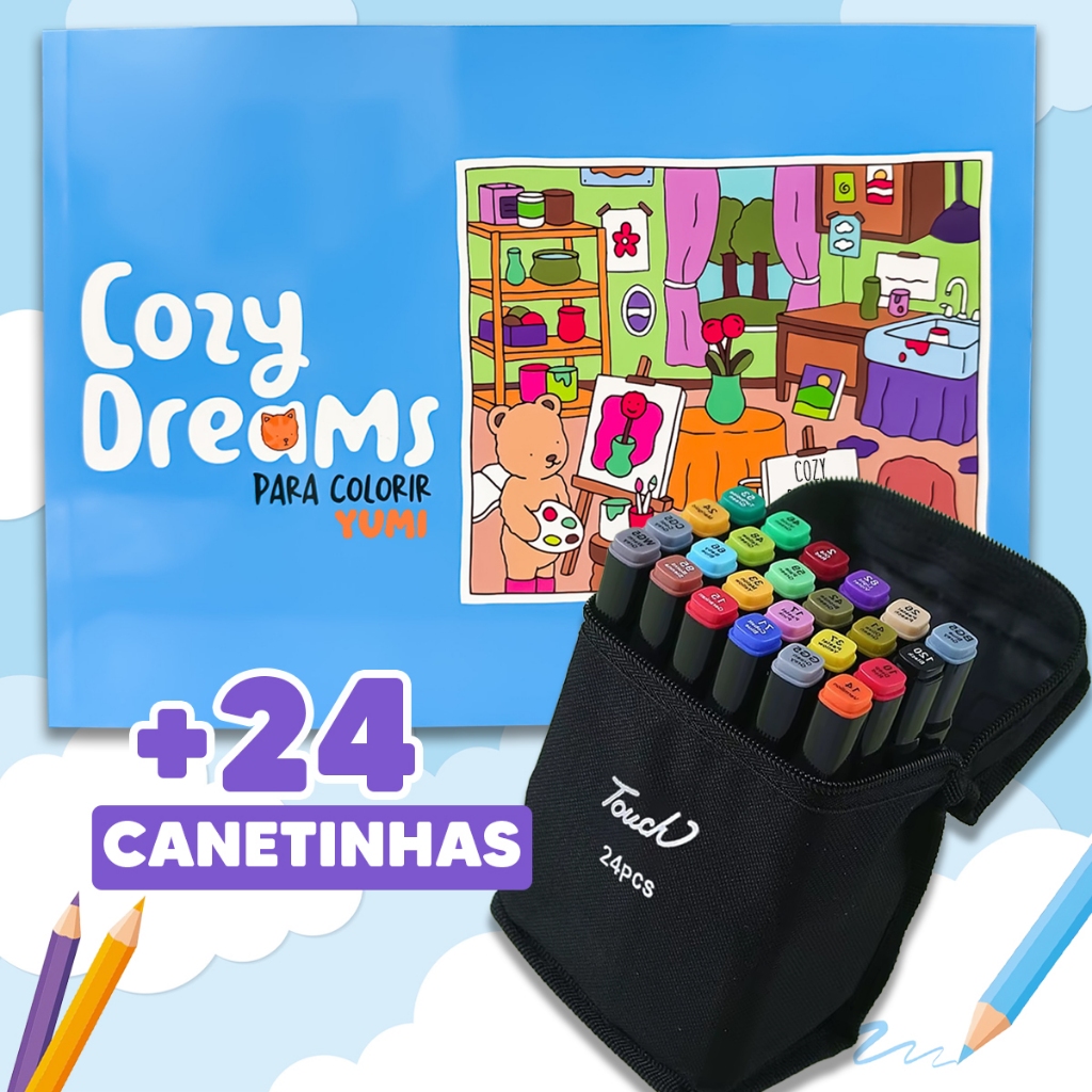 Kit Livro De Colorir Bobbie Cozy Dreams Azul + Estojo Bolsa Caneta Canetinhas Coloridas Po...