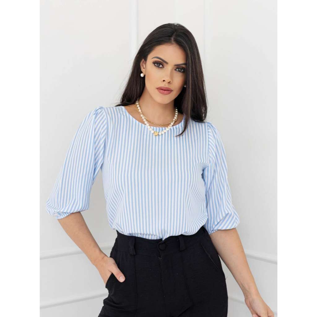 Smile Fashion blusa feminina de listrada manga 3/4 tecido crepinho