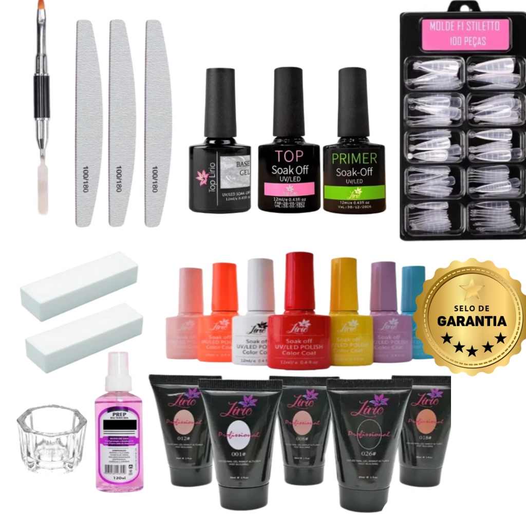 Kit Unhas de Molde F1 Gel Tips   Esmaltação Polygel Completo profissional primer top coat
