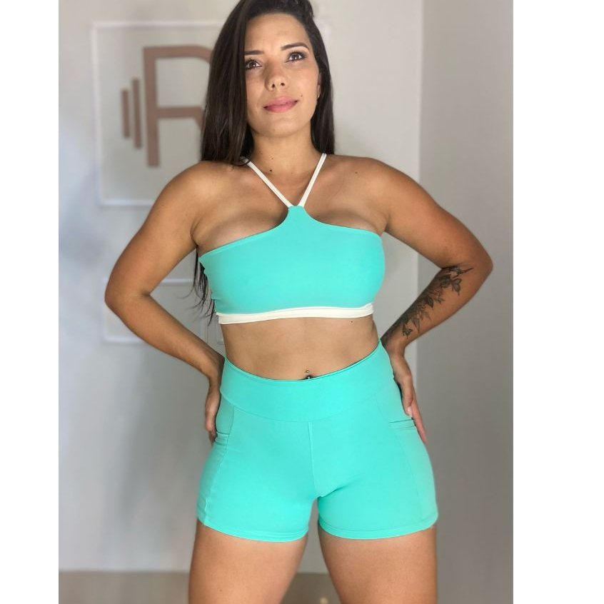 Conjunto Feminino Academia Top entrada Bojo Removível + Short Poliamida Zero Transparência