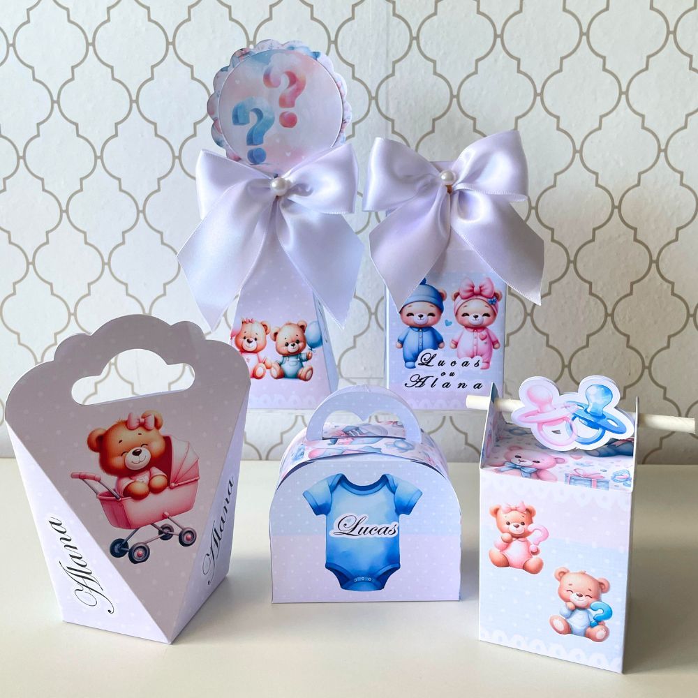 KIT DE CAIXAS PERSONALIZADAS PARA LEMBRANCINHAS CHÁ REVELAÇÃO AZUL E ROSA | CAIXINHA  FESTA INFANTIL
