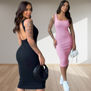 Vestido Canelado Midi Costas Nua Tubinho Anarruga Feminino Dia a Dia Casual em Oferta na Shopee