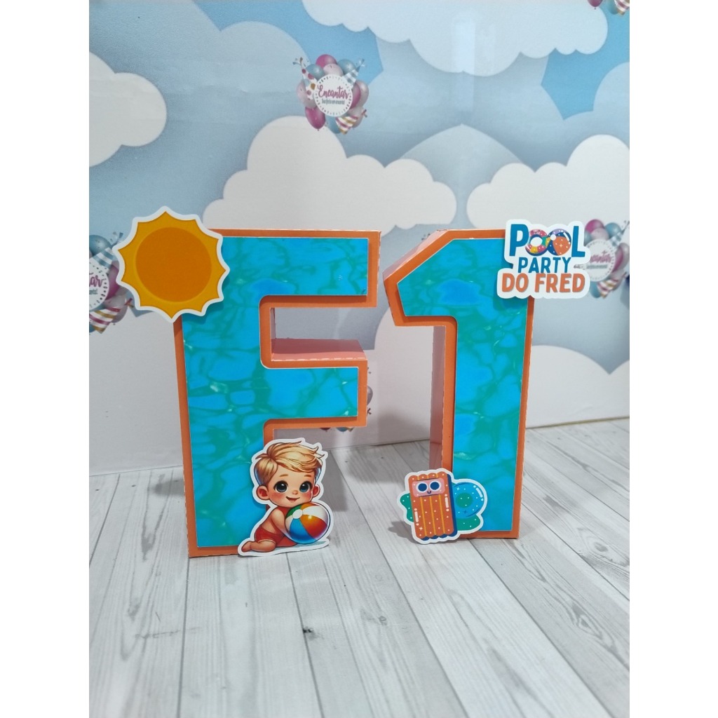 Número/Letra 3D Personalizada | Pool Party Menino IA | Papelaria para festa infantil | Lembrancinha Personalizada