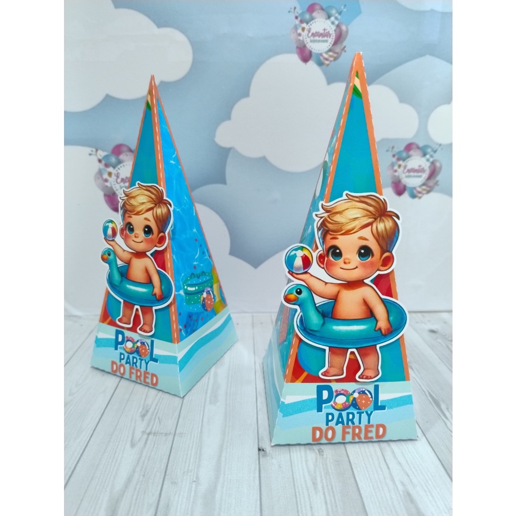 Caixa Pirâmide 3D Personalizada | Pool Party Menino IA | Papelaria para festa infantil | Lembrancinha Personalizada