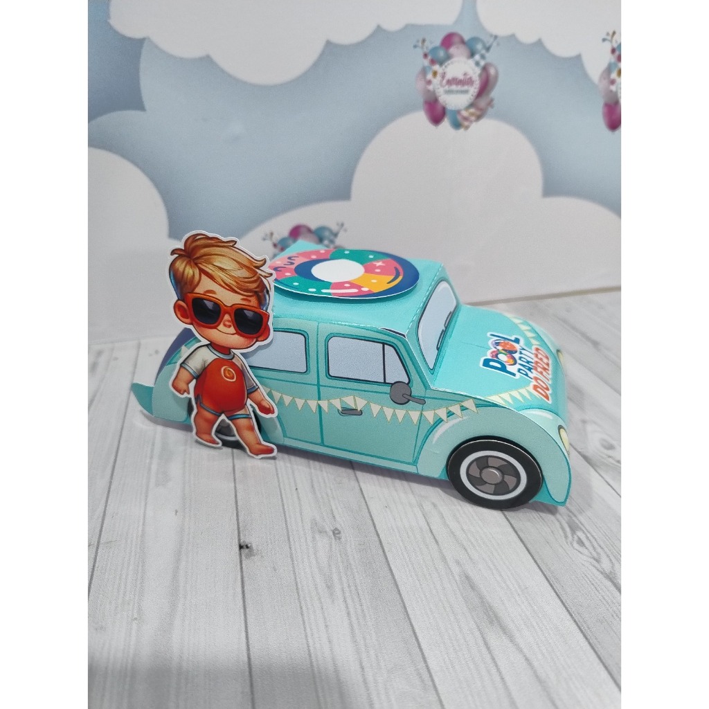 Caixa Carro Fusca 3D Personalizado | Pool Party Menino IA | Papelaria para festa infantil | Lembrancinha Personalizada