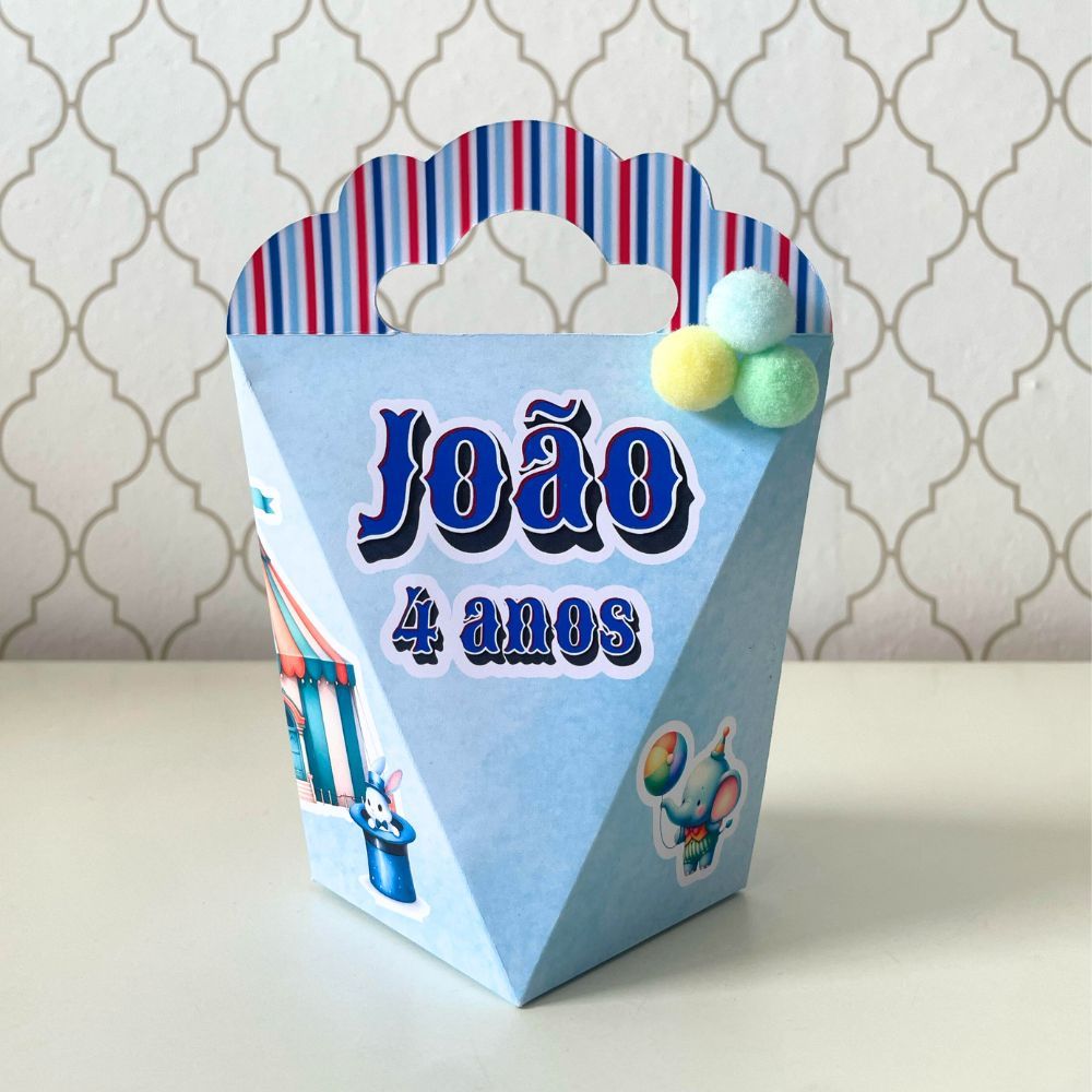 CAIXA TRIANGULOVE PERSONALIZADA PARA LEMBRANCINHAS CIRCO AZUL | CAIXINHA FESTA INFANTIL ANIVERSARIO