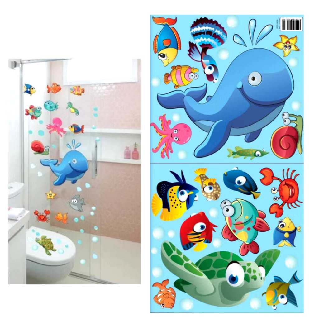 Adesivo Decorativo Para Banheiro Quarto Fundo do Mar Peixes Azul Infantil Adesivo Para Geladeira