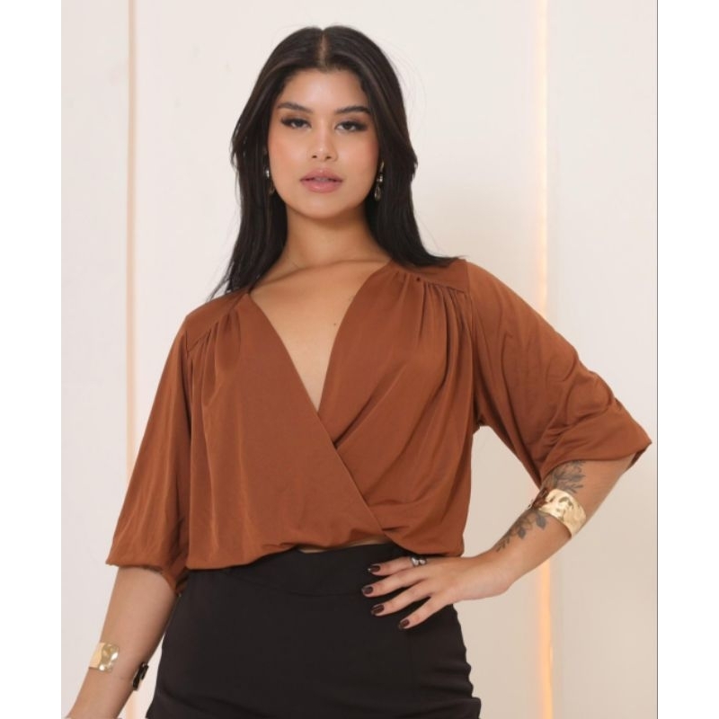 Blusa Femenina Transpassada Decote V com Manga 3/4 Suplex