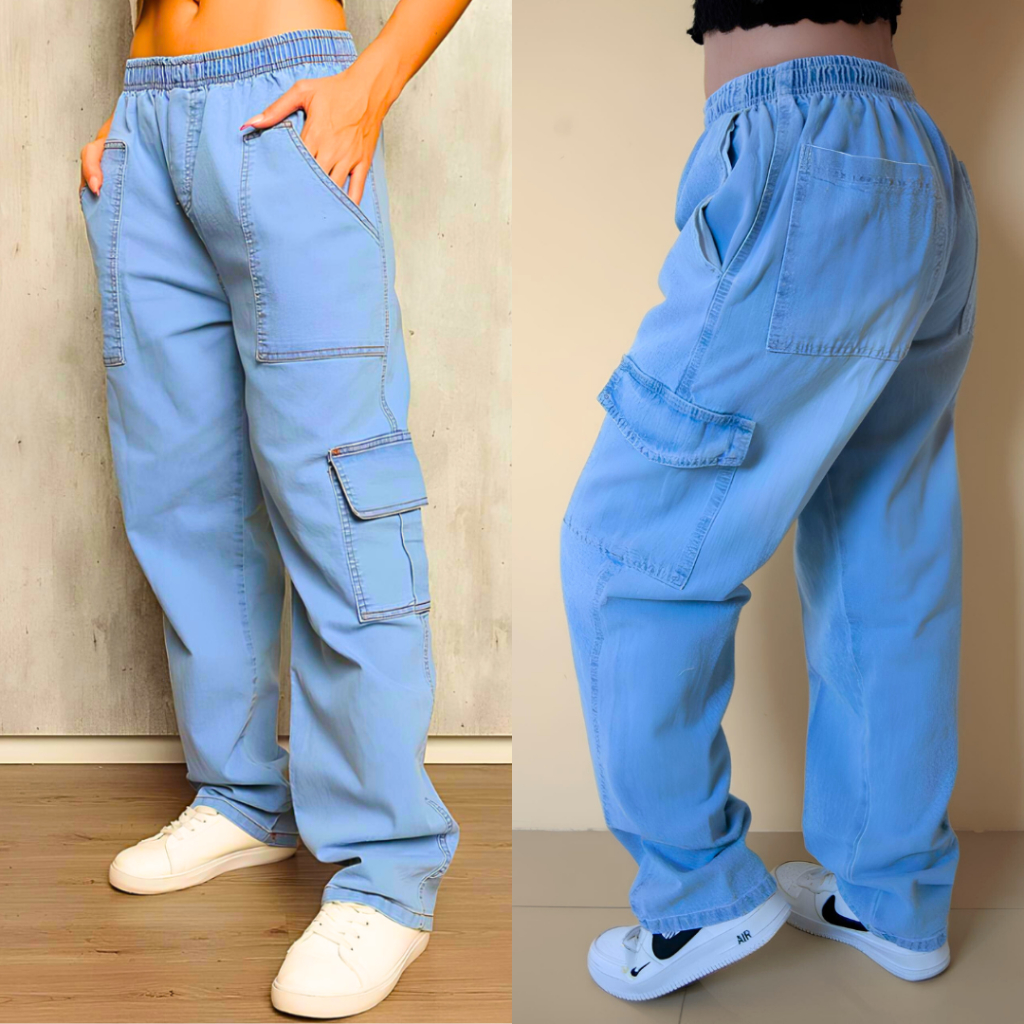 Calças balão bolso lateral larga cargo Feminino