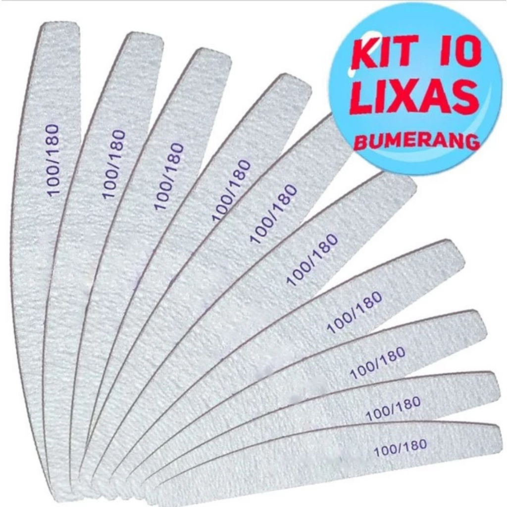 Kit 10 Lixas Bumerangue 100/180 Unha Gel Porcelana Acrigel Fibra