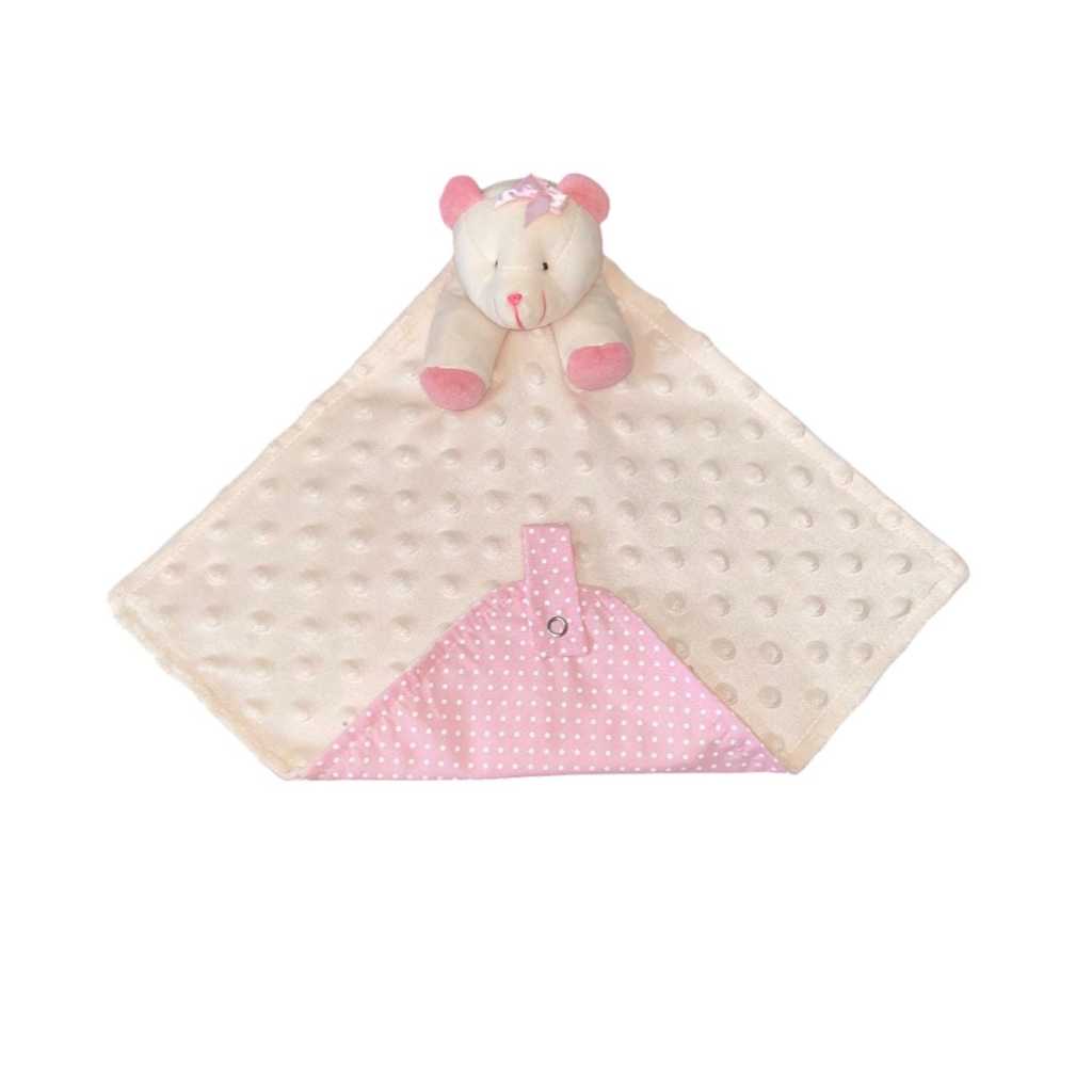 Naninha Para Bebê Com Porta Chupeta Plush Ursa Bolha Palha Com Poa Rosa 100 % Algodão