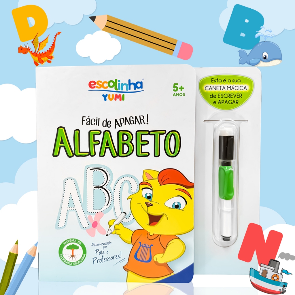 Livro Alfabetização Infantil Alfabeto Divertido: Escreva e Apague + Caneta Mágic