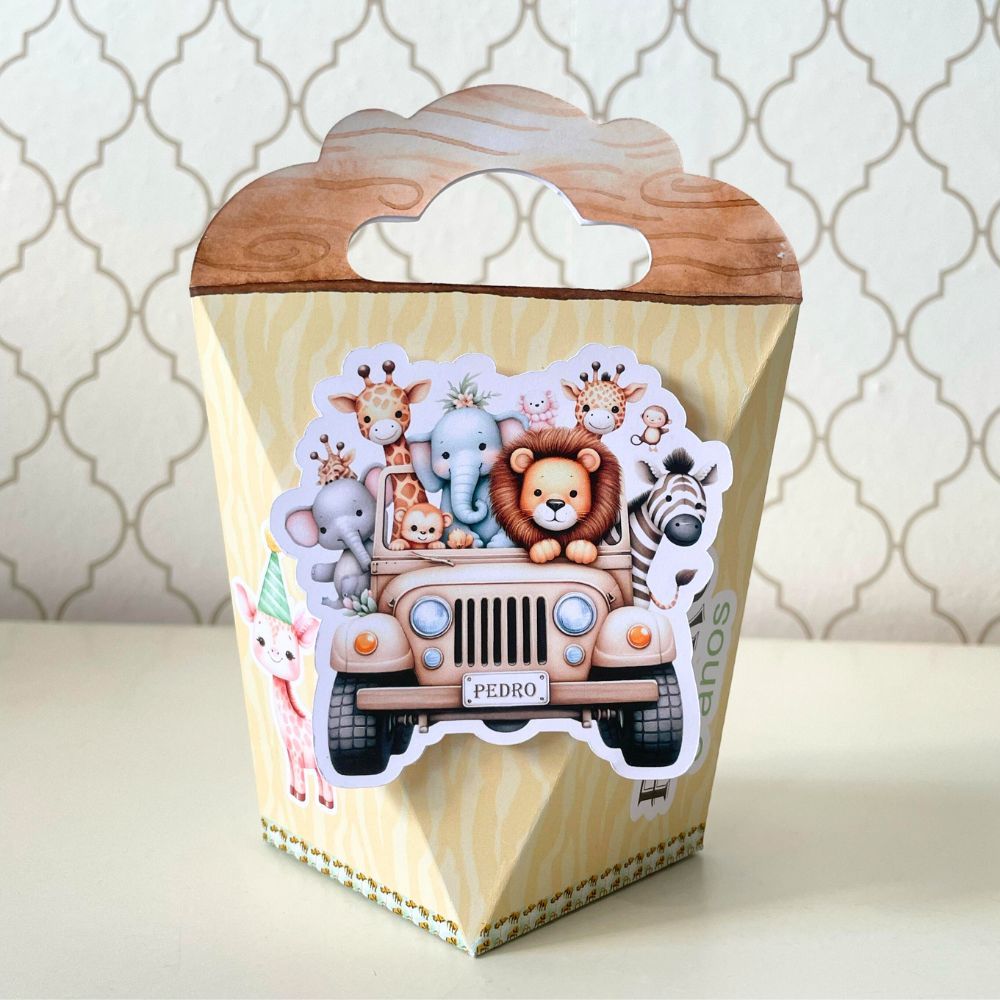 CAIXA TRIANGULOVE PERSONALIZADA PARA LEMBRANCINHAS SAFARI MENINO CAIXINHA FESTA INFANTIL ANIVERSARIO