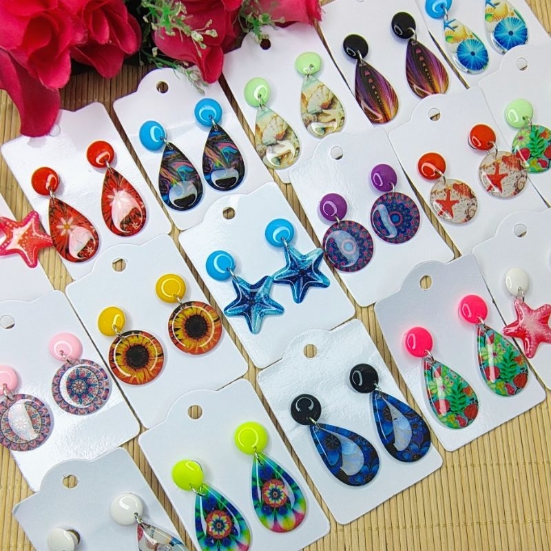 Brincos Femininos Médio Resina Colorida Estampado 6 Pares Sortidos em Oferta na Shopee