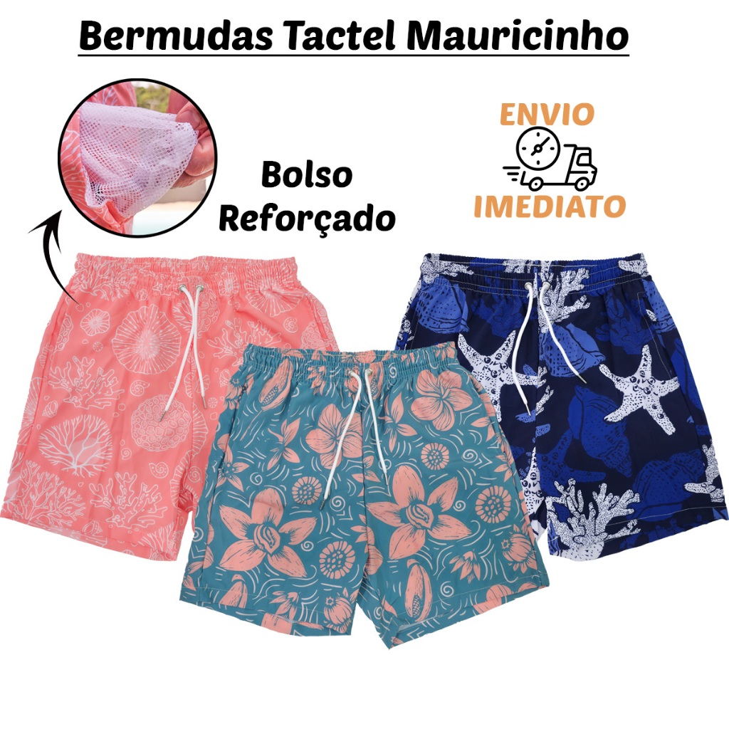 Shorts Bermudas Mauricinho Estampadas  Masculino Tactel c/ Elastano Praia Piscina