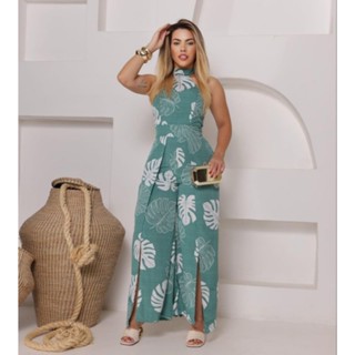 Macacão longa feminina estampado costa lastex