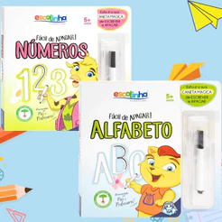 Coleção Livro Alfabetização Infantil Números Alfabeto Divertido: Escreva E Apague + Caneta Mágica