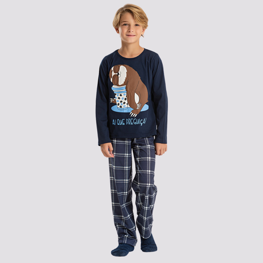 Pijama Longo Infantil Menino Blusa e Calça Preguiçando