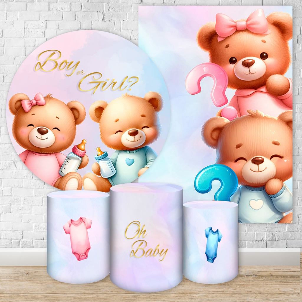 Capas de Painéis, cilindros e Kits completos Sublimados para Festa Tema Ursinhos Chá Revelação