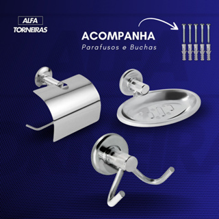 Kit Acessórios para Banheiro Saboneteira + Porta Papel Higiênico + Cabide Duplo Aço Inox Luxo em Oferta na Shopee