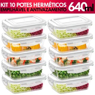 Kit 10 Pote Hermético de Vidro 640ml Marmita Fit Tampa 4 Travas Freezer Microondas Geladei...