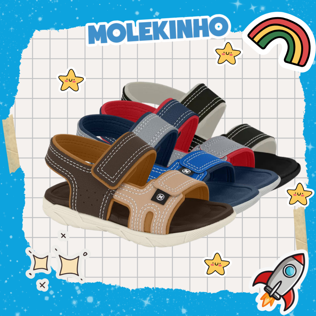 Sandália Papete Molekinho Infantil Menino Bebé Fecho Em Velcro Solado Antiderrapante Origi...